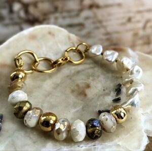 White Glass Beads And  Freshwater Baroque Pearls In Assymetrical Gold Bracelet